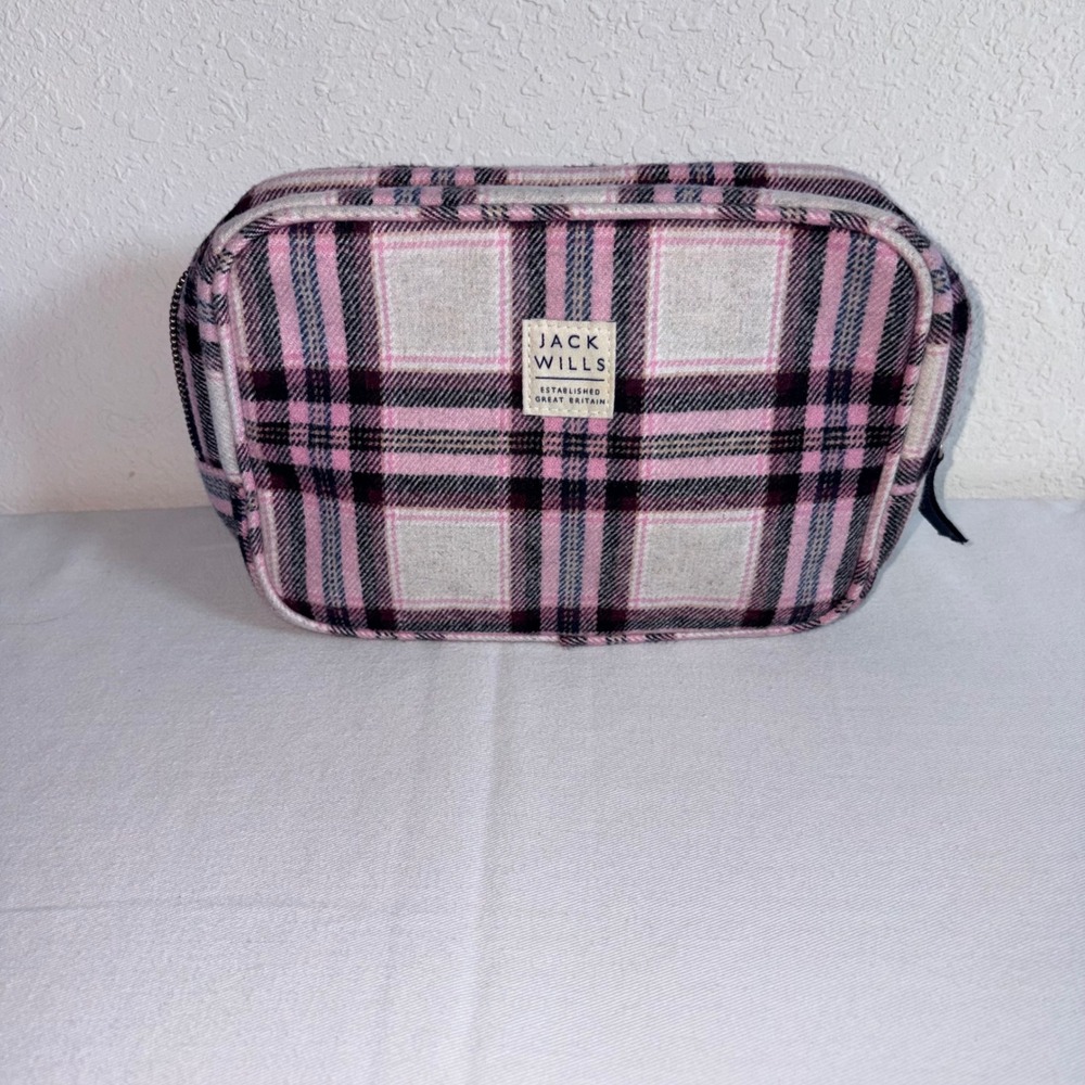 Jack Wills Makeup Bag Pink Plaid Excellent Wool Blend Preppy Cosmetic Pouch
